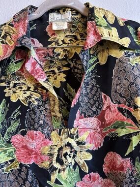 Vintage 100% Silk Blouse L Floral Pineapple Retro Secretary Boho Old Money 1970s
